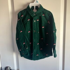 Green Button-Up Shirt with Santa Hat Embroidery